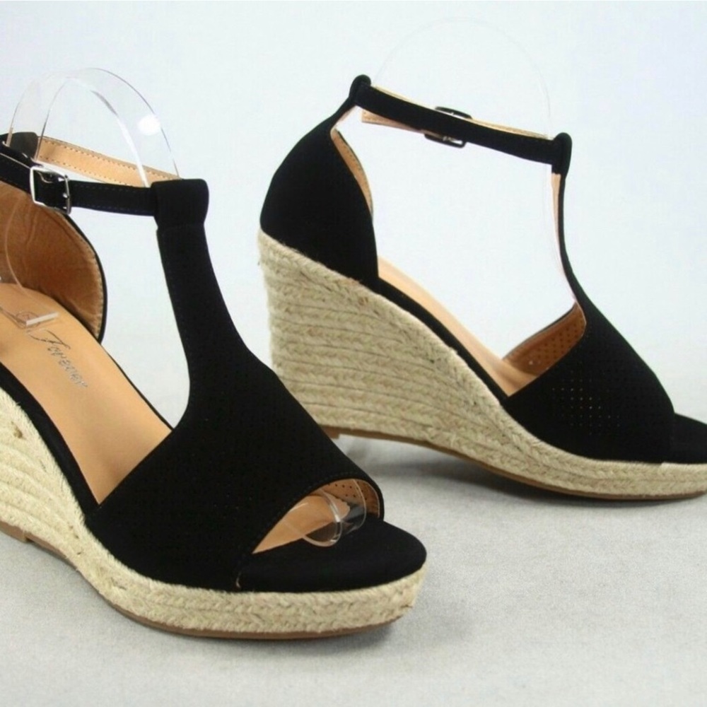 Perforated T-Strap Espadrille Black Wedge Multi Sizes NIB - Picture 5 of 9